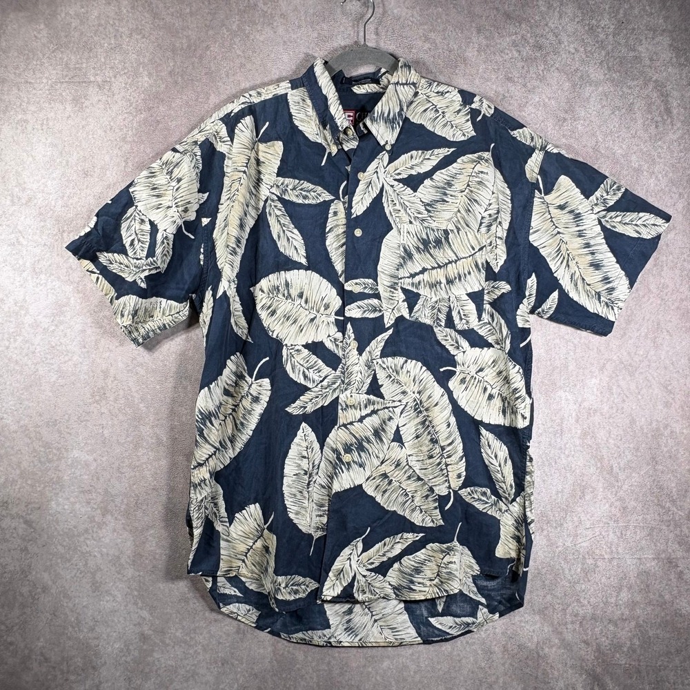 Vintage Chaps Ralph Lauren Shirt Men Large Navy Leaf Print Button Vacation Beach